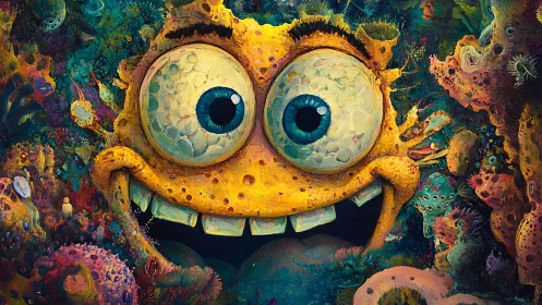 Yellow cartoon sea creature grins amid dense coral reef