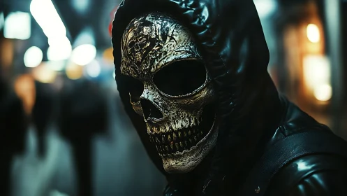 Hooded skull mask figure in dim urban night setting.