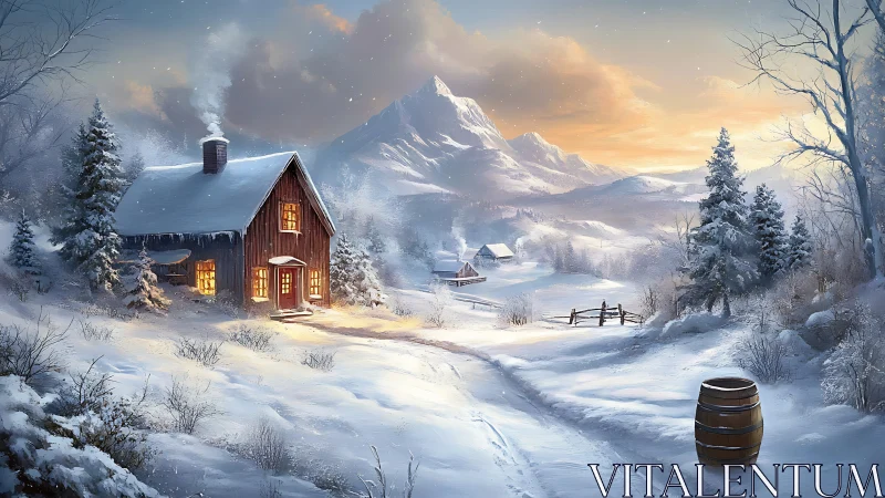 Snowy mountain homestead with glowing winter cabin at dusk.