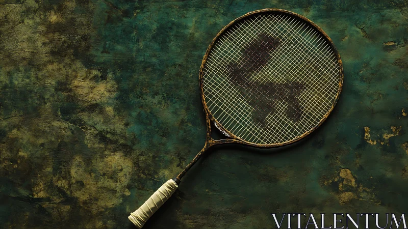 Vintage tennis racket rests on textured emerald backdrop.