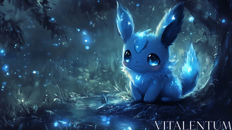 Moonlit forest cuddles a glowing blue spirit fox familiar