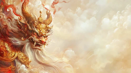 Celestial dragon roars from swirling golden clouds in fury.