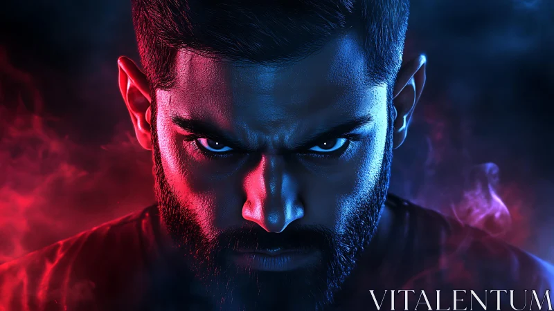 Intense male portrait under red blue dramatic lighting.