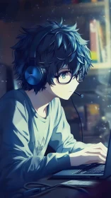 Focused gamer with headset at backlit laptop in soft bokeh light