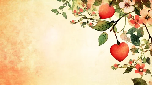 Vintage Botanical Heart Composition with Apple and Floral Vines.