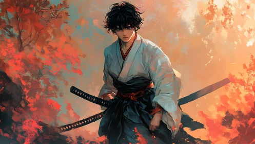 Ronin warrior amid blazing abstract autumn inferno.