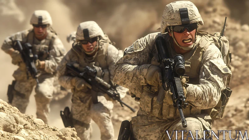 Dusty hillside rush with determined modern soldiers in focus.