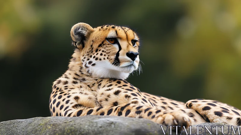 Resting cheetah displays distinctive tear marks and spotted pelage in profile orientation