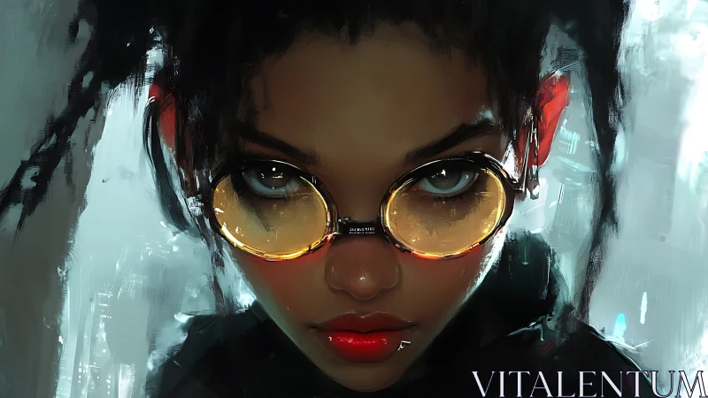 Cyber portrait with neon glasses and intense direct gaze.