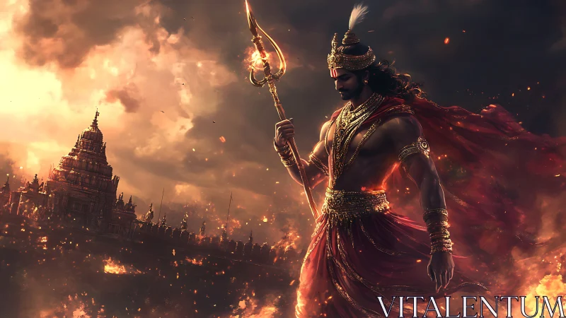 Warrior deity in fiery temple landscape at dusk.