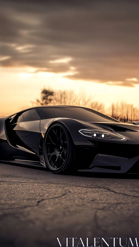 Low black supercar parked on cracked asphalt at sunset.