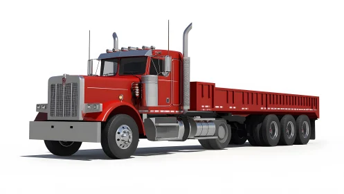 Classic Red Semi-Truck Flatbed Render on White Background.