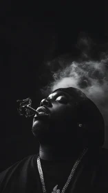 Moody monochrome portrait with rising cigarette smoke plume.
