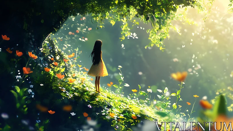 Sunlit forest glade with dreaming girl in yellow dress.