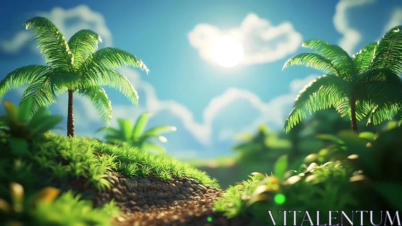 Tropical Landscape with Coconut Palms and Atmospheric Perspective.