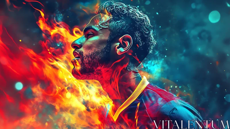 Fiery digital portrait of intense male soccer player profile.