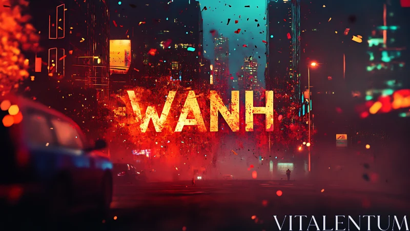 Neon storm of letters shattering a moody cyber street.