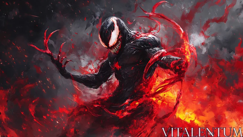 Dark symbiotic monster rises amid swirling red flames.