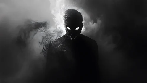 Dark humanoid figure with glowing eyes in swirling smoke.