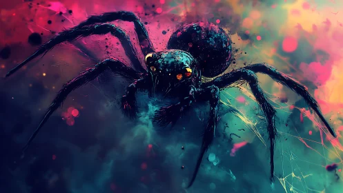 Neon spider lunges through chaotic prismatic mist.