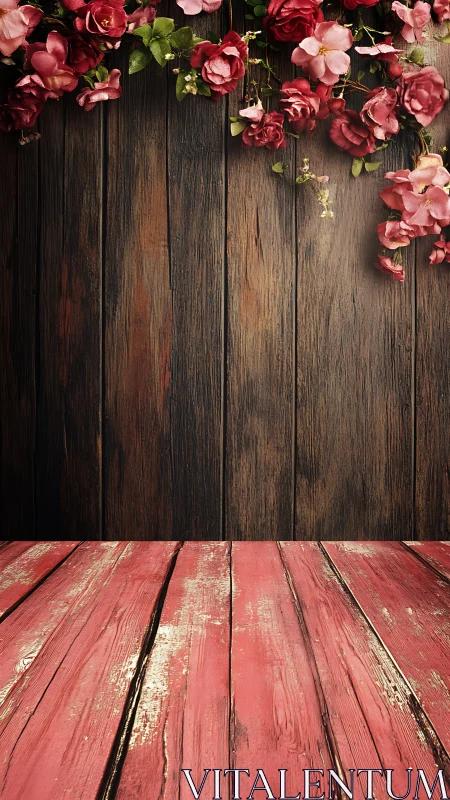 Rustic wooden backdrop with cascading roses sets a romantic tone