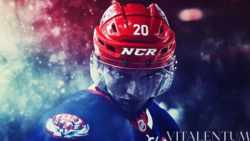 Intense ice hockey portrait under dramatic arena lights.