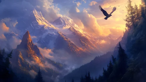 Majestic eagle soars above glowing alpine mountain range.