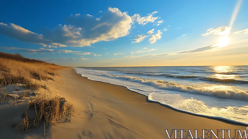 Golden hour surf washes pristine sandy shore at sunset.