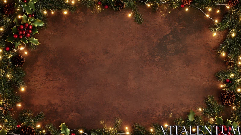 Christmas garland frame surrounds rustic brown background