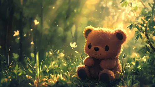 Luminous forest teddy rendered in soft volumetric backlight.