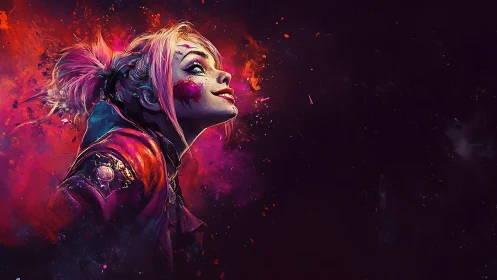 Rebellious neon punk girl smiles into exploding cosmic color