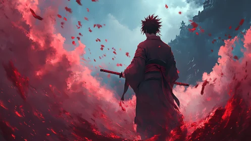 Solitary katana warrior in crimson storm before distant citadel