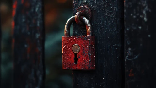 Rain-speckled red padlock guarding a timeworn iron gate.