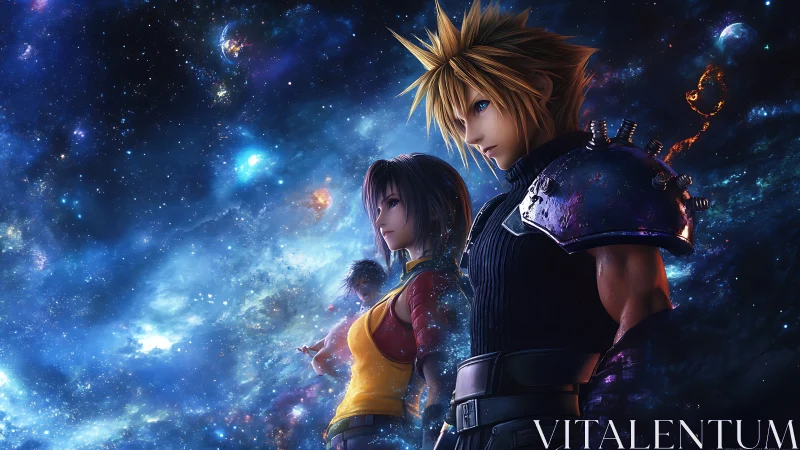 Stargazing anime warriors framed by vivid cosmic nebulae.