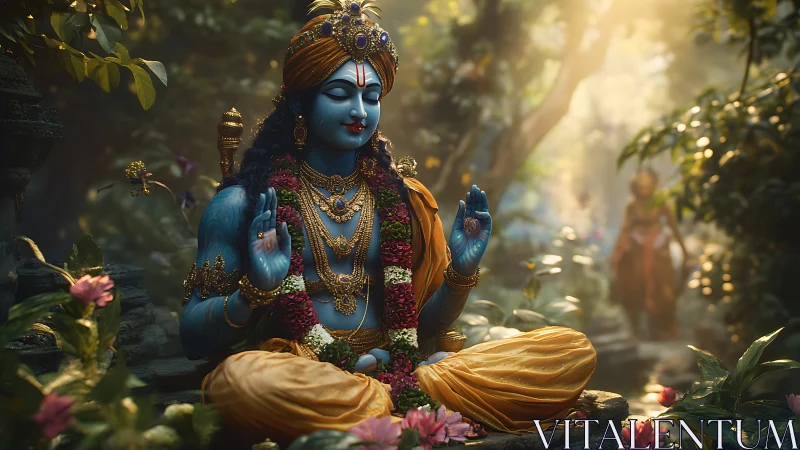 Blue-skinned meditative deity in garlanded forest shrine