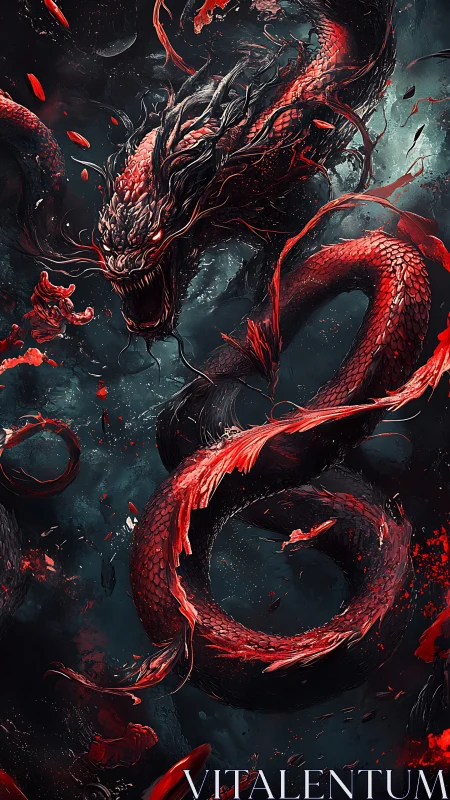 Serpentine dragon form occupies a vertical, debris-filled space