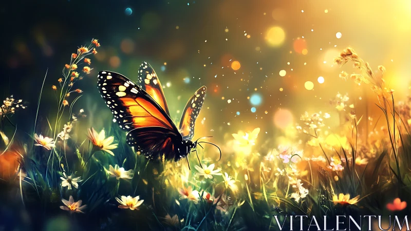 Sunlit monarch drifts through glittering wildflower dreamscape.