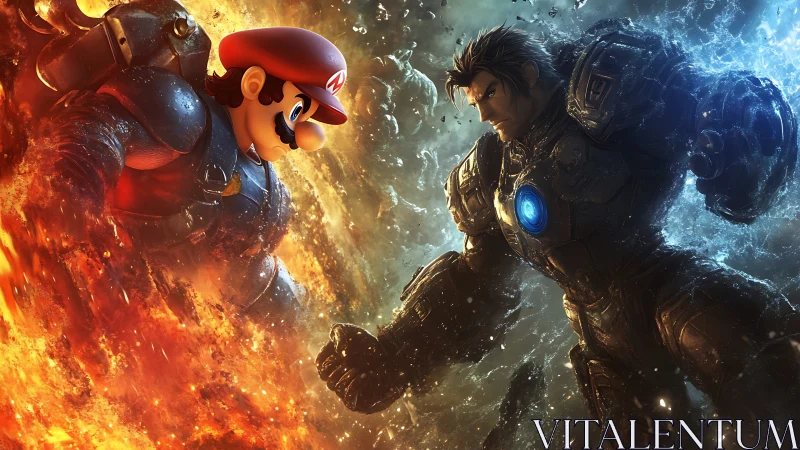 Armored heroes clash in fiery versus icy power duel.