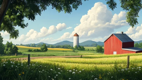 Sunlit rural farmstead with red barn, silo and distant hills