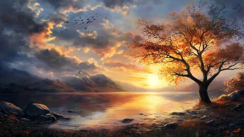 Luminous autumn tree beside reflective mountain lake at dusk.