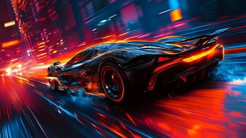 Cyberpunk hypercar streaks through neon soaked night city