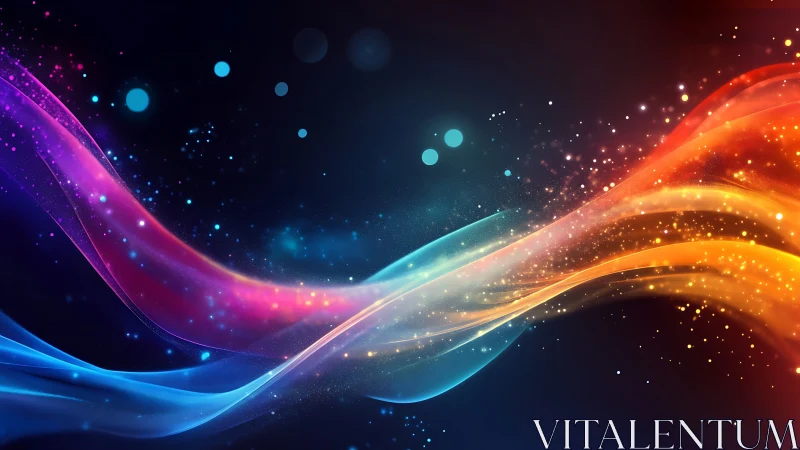 Colorful light wave trails on dark gradient background.