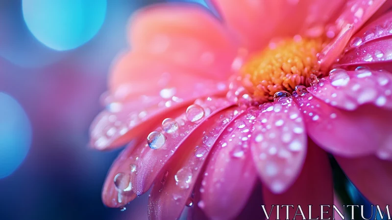 Pink Daisy Flower with Water Droplets and Soft Bokeh.