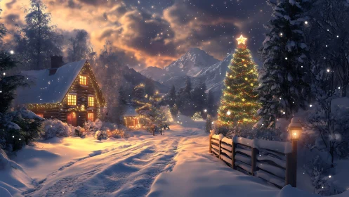 Snow-covered rural lane with illuminated cabin and tree.
