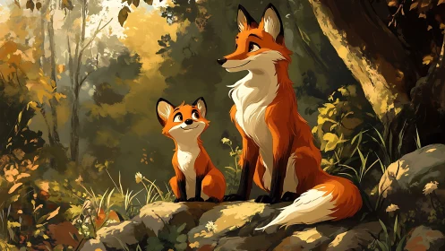Fox parent and playful cub sharing a sunny forest moment.
