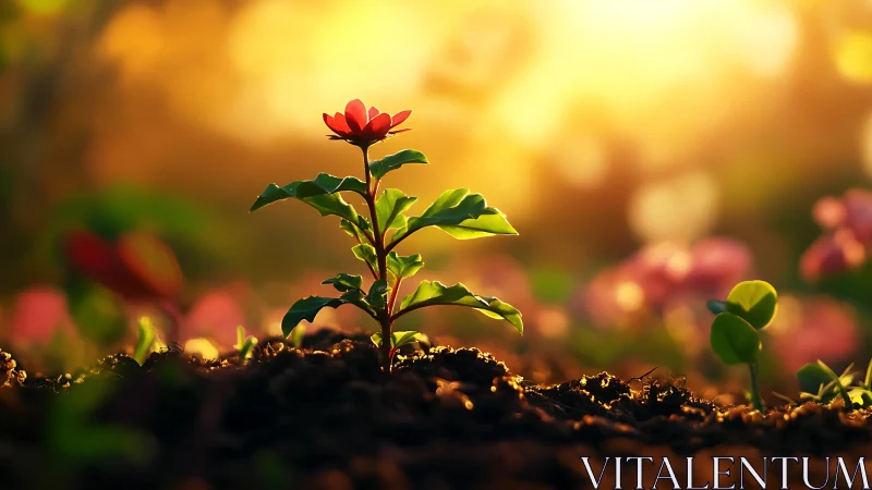 Young flowering plant emerging from dark soil with golden hour backlighting and bokeh depth