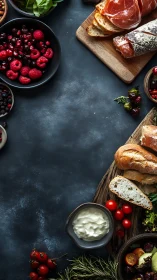 Charcuterie board with berries, bread and fresh salad.