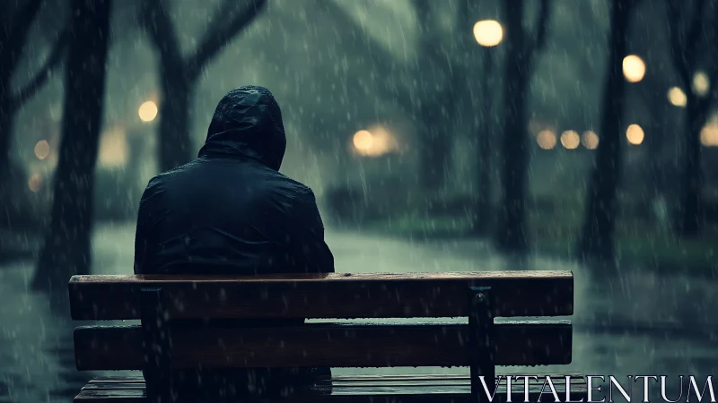 Solitary hooded figure on bench in rainy night urban park