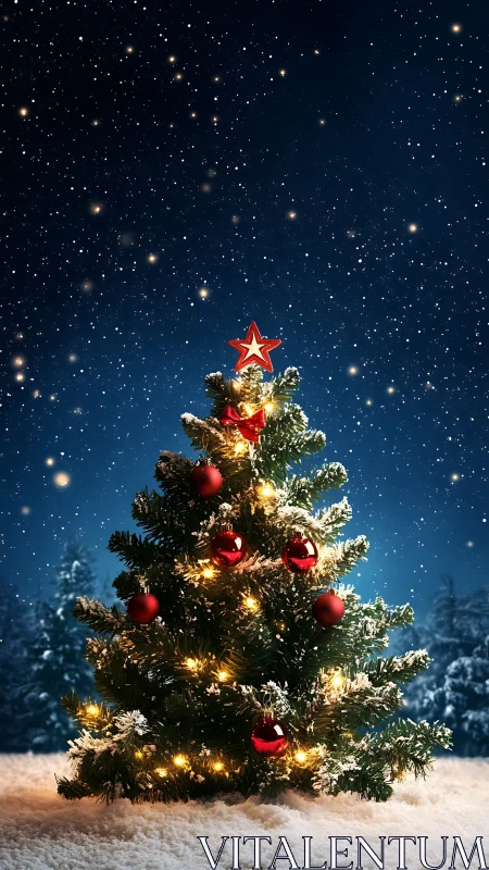 Snowy outdoor Christmas tree with lights and red ornaments.