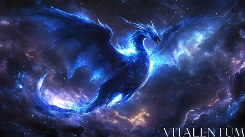 Blue energy phoenix forming within a luminous space nebula.